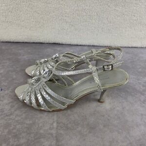 Michelle Silver Snakeskin Embossed Strappy Crystal Embellished Evening Heels 7.5